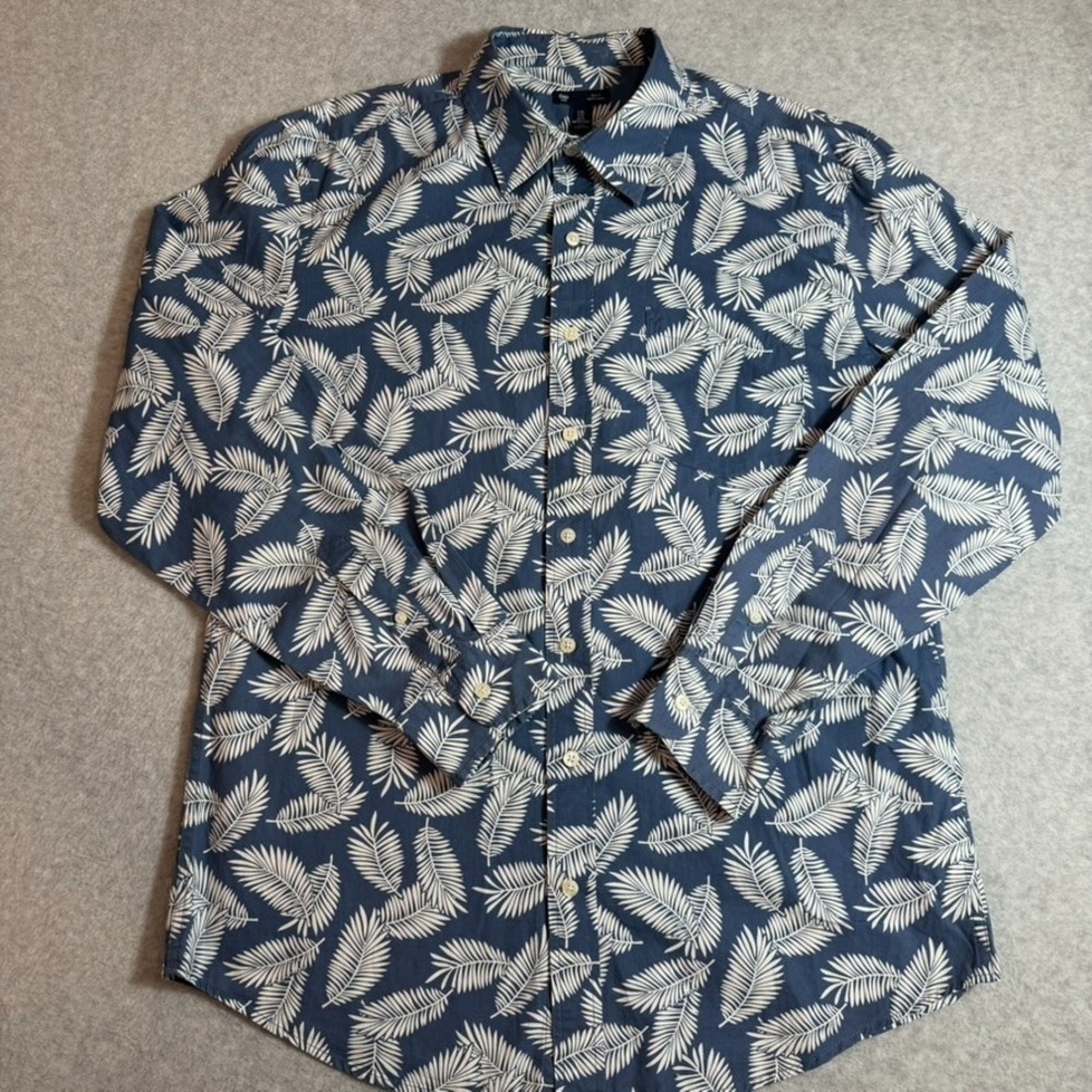 Gap Button Up Shirt Mens XL Blue Floral Leaf Print Slim Fit Long Sleeve - Picture 2 of 11
